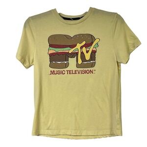 MTV T-Shirt Size M Yellow Graphic MTV Logo Burger Youth Pullover Retro Pop Art‎